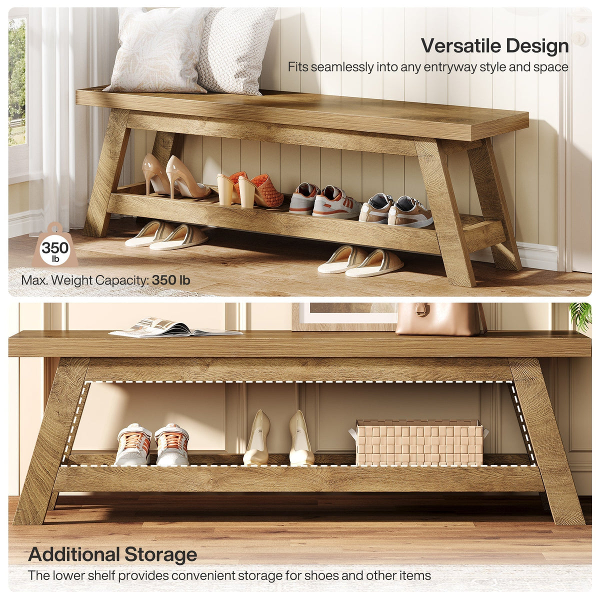 55" Entryway Bench, 2-Tier Foyer Seating Bench with Shoe Storage