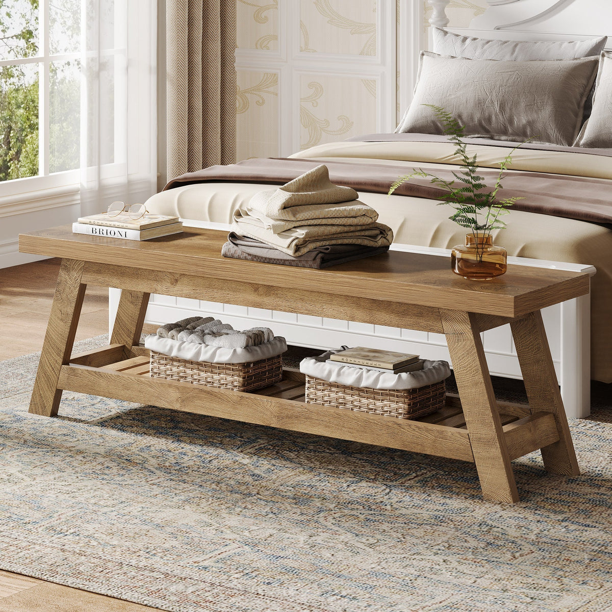 55" Entryway Bench, 2-Tier Foyer Seating Bench with Shoe Storage