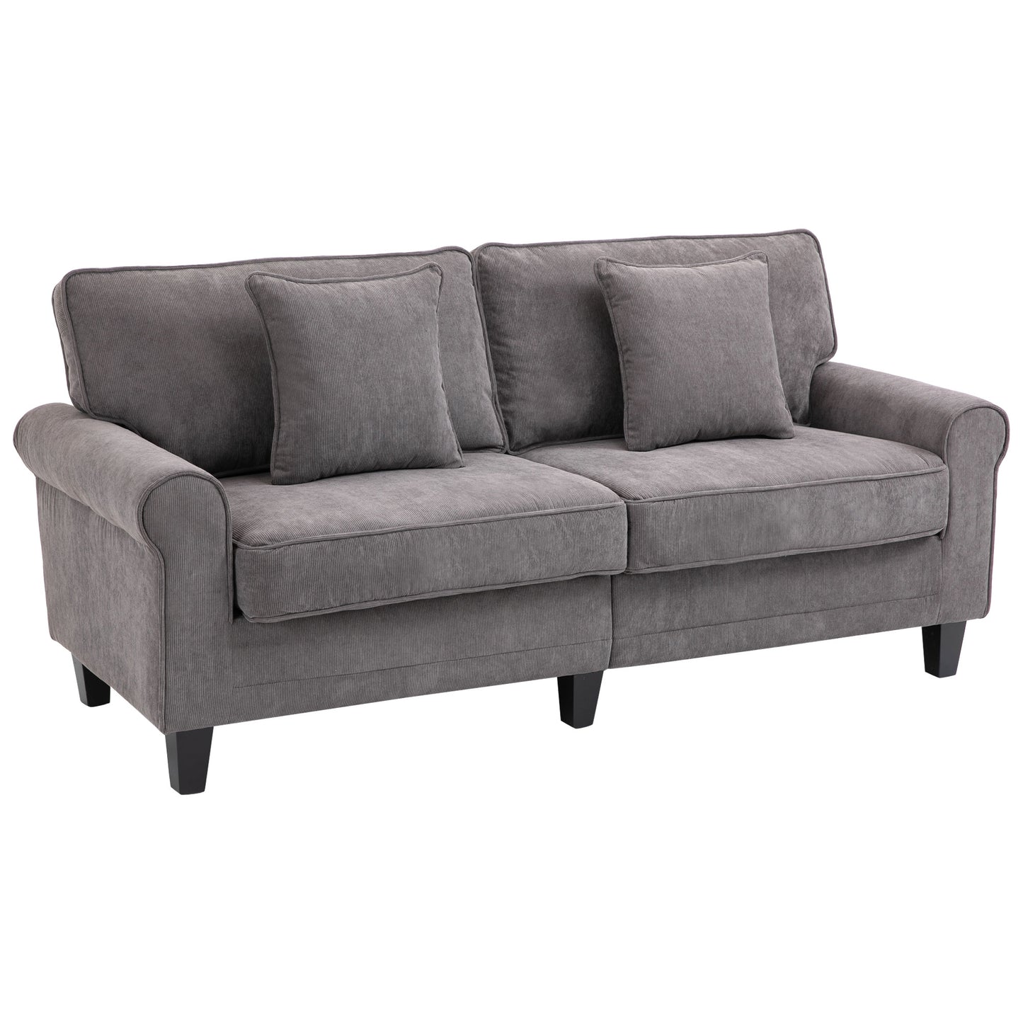 Modern 3-Seater Corduroy Sofa: Pine Wood Legs, Rolled Armrests, Light Grey
