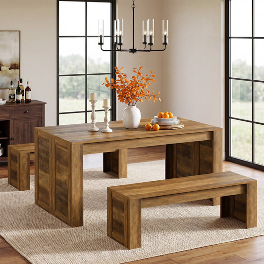 55" Dining Table Set, Rectangle Kitchen Table for 4-6 with 2 Benches