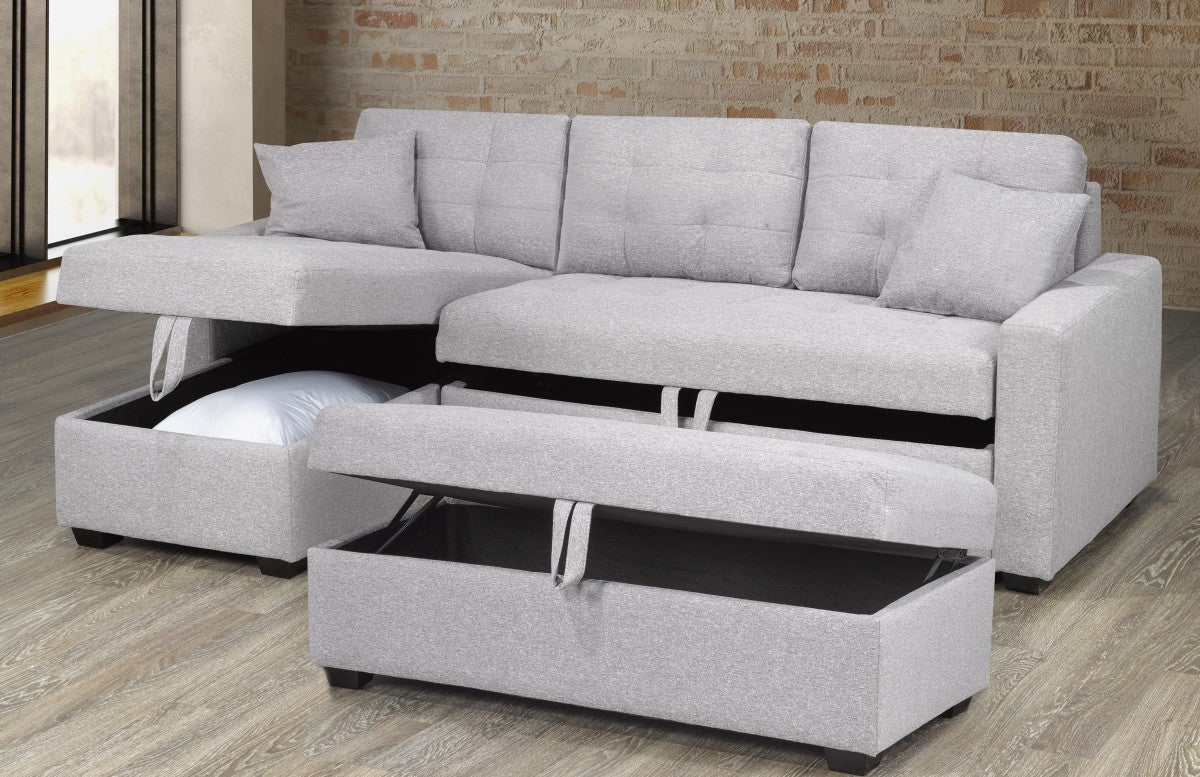 Versatile Light Grey Storage Sectional Sofa with Pull-Out Bed and Ottoman