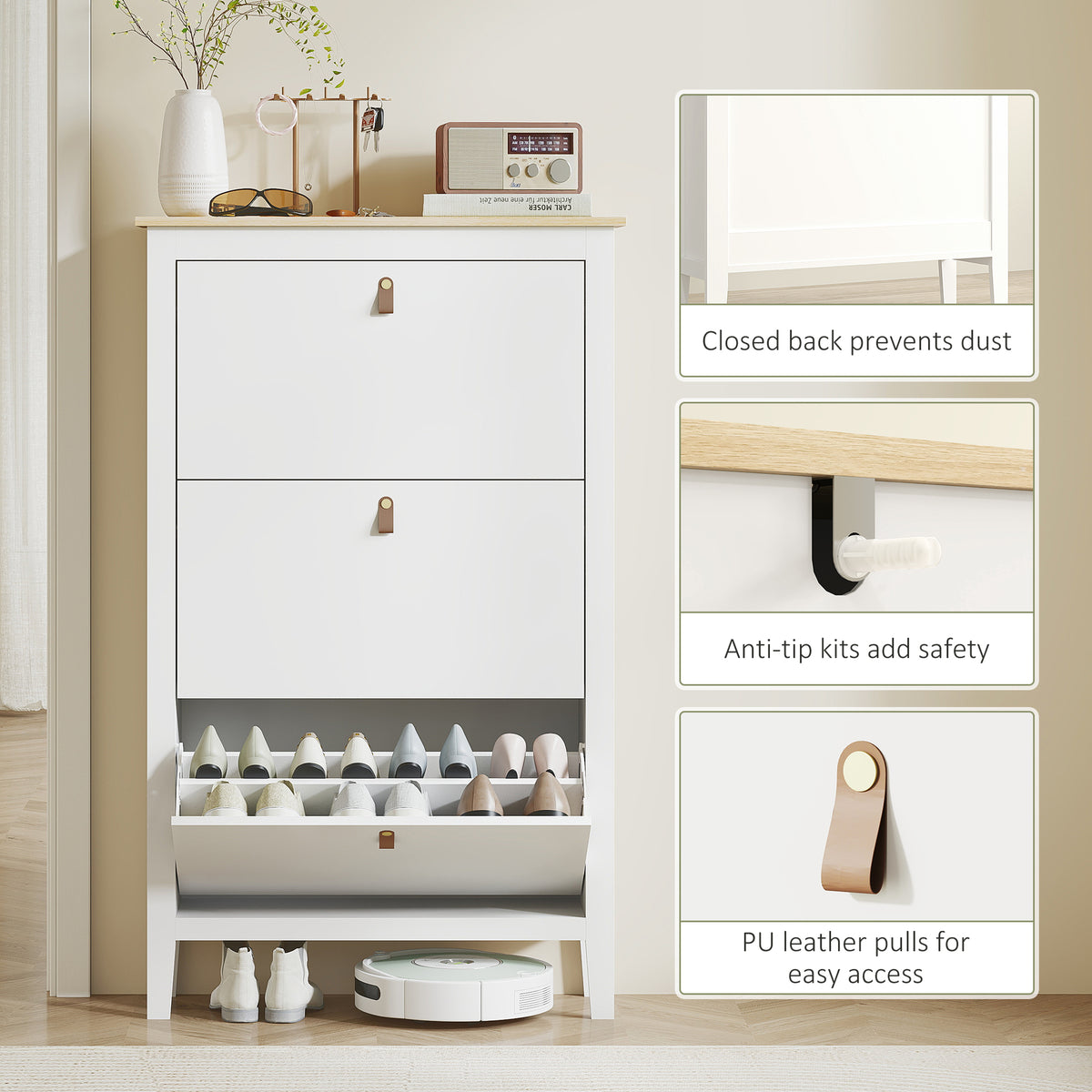 Narrow Shoe Cabinet with 3 Flip Drawers – 31"W x 52"H