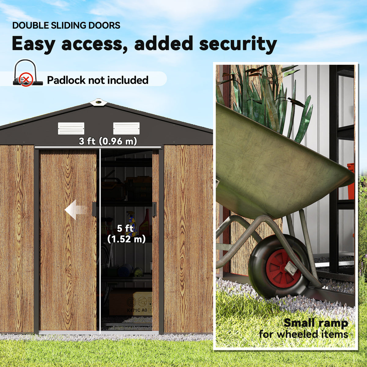 9.1'x6.4'x6.3' Garden Storage Shed, Outdoor Storage Tool House with Vents, Foundation and Lockable Double Doors – Teak