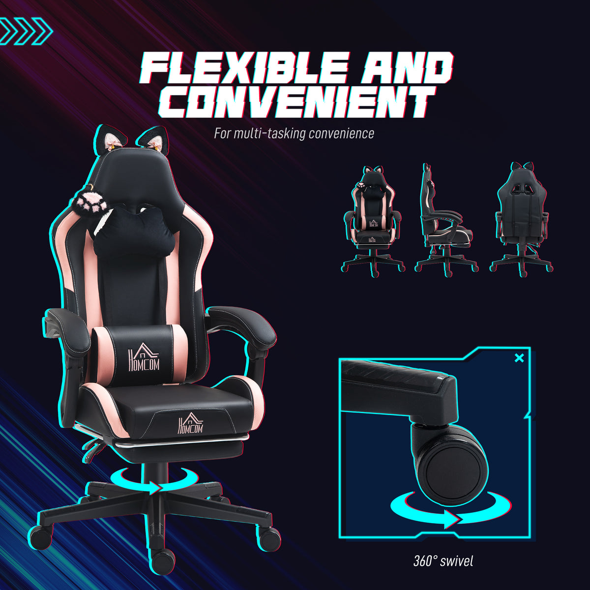 Cute Racing Gamer Chair, Faux Leather Gaming Chair with Footrest, Black