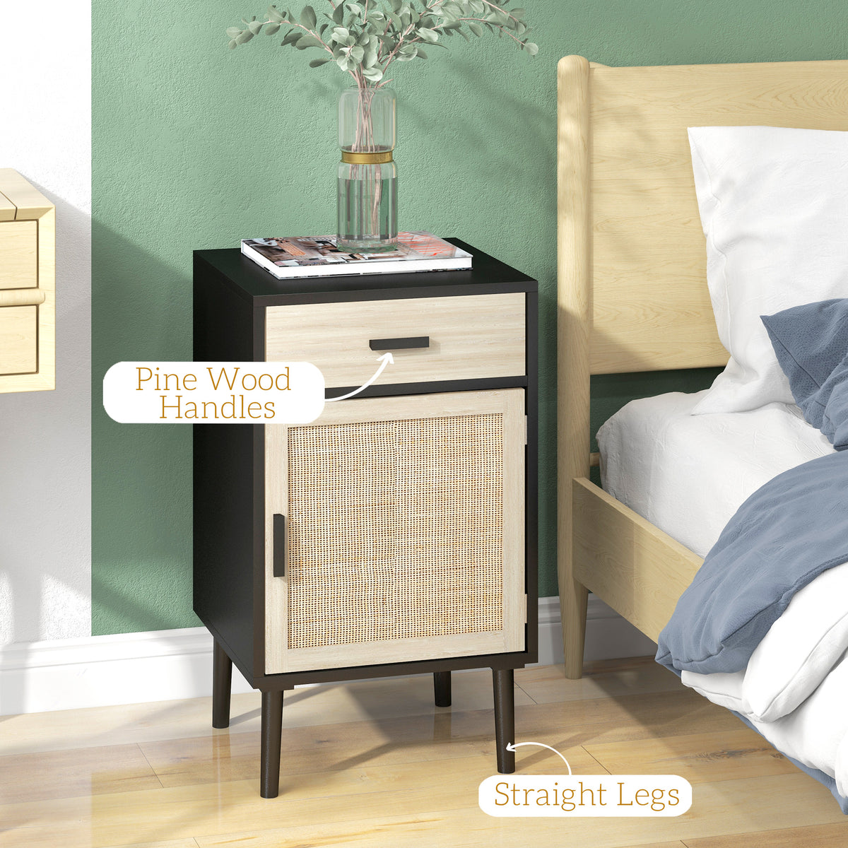 Boho Rattan Nightstands with Drawer and Cabinet, Set of 2 – 16"W x 27"H