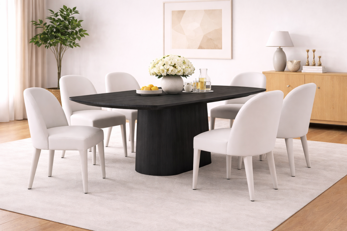 Curved 7-Piece Dining Set – Black/Beige
