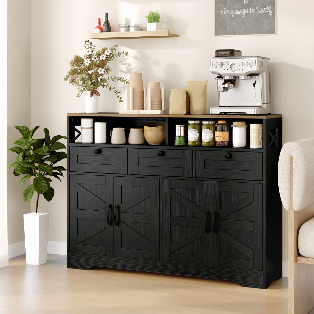 Buffet Cabinet with 4 Barn Doors and 3 Drawers – 47"W x 35"H