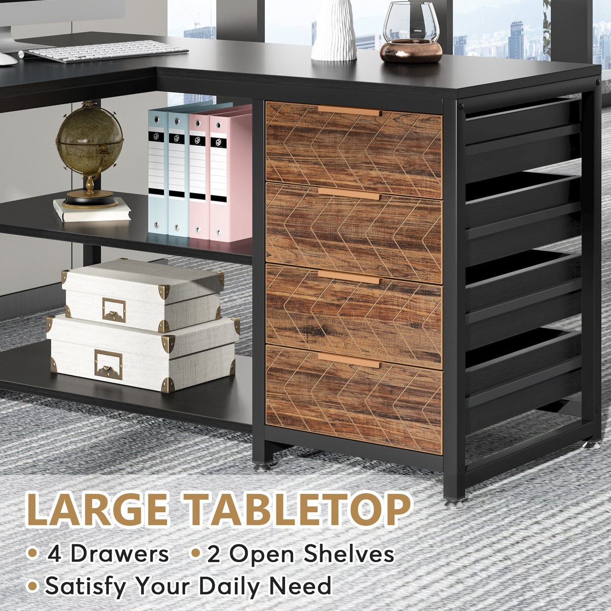 59" L-Shaped Desk, Reversible Corner Desk with Drawers & Shelves