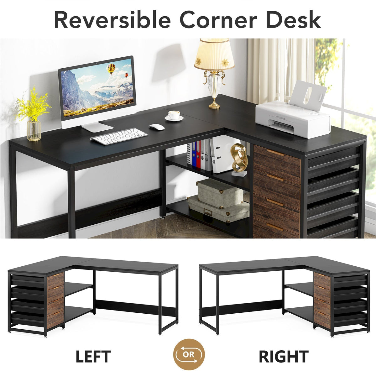59" L-Shaped Desk, Reversible Corner Desk with Drawers & Shelves