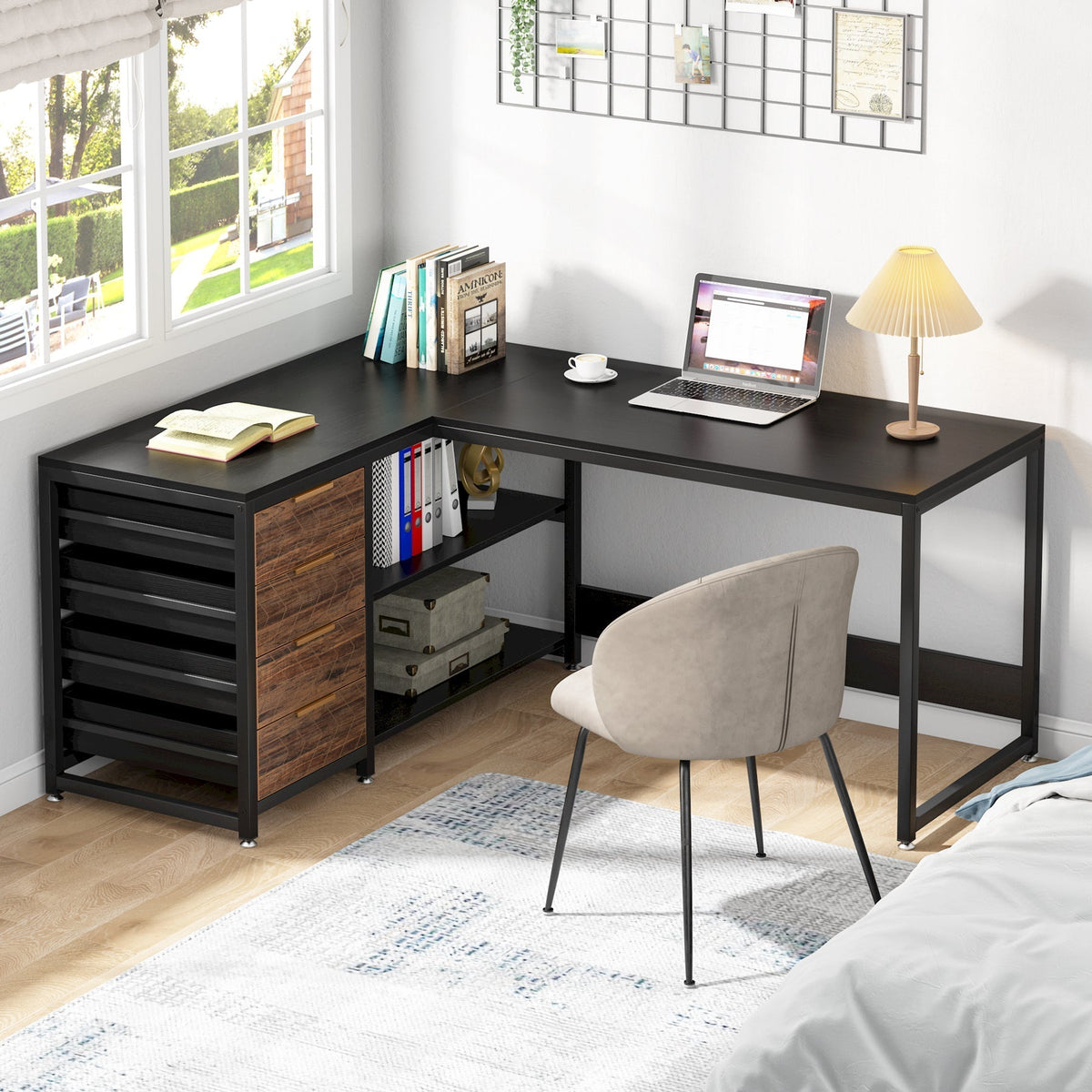59" L-Shaped Desk, Reversible Corner Desk with Drawers & Shelves