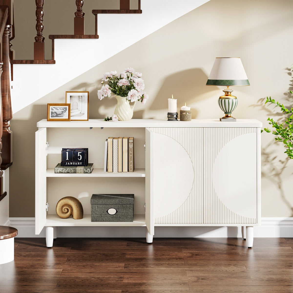 59.4" Sideboard Buffet, White Credenza Storage Cabinet with Doors