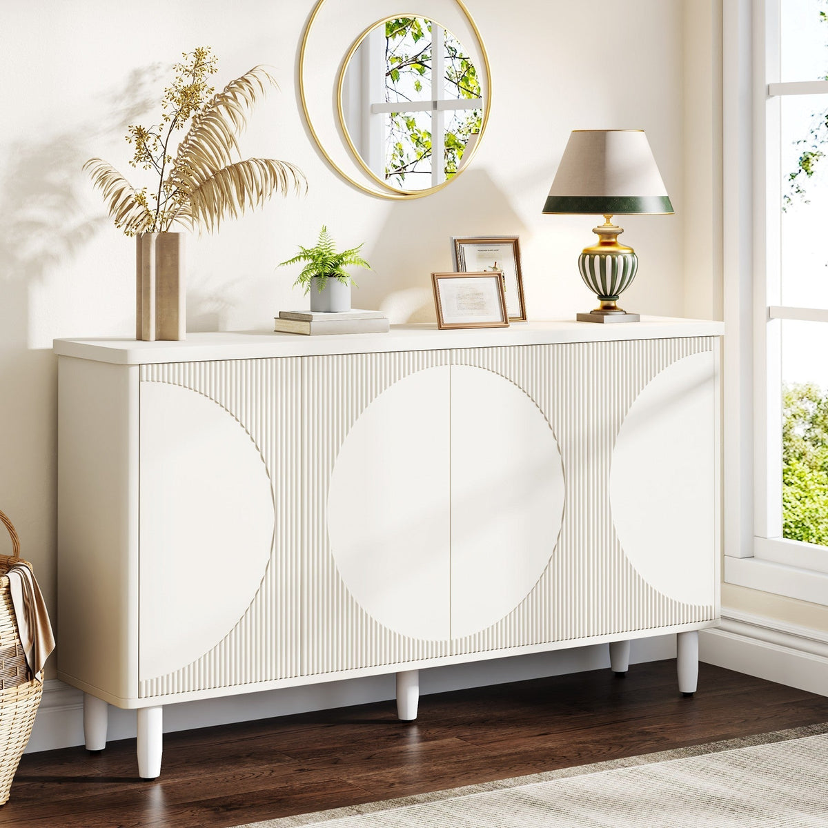 59.4" Sideboard Buffet, White Credenza Storage Cabinet with Doors