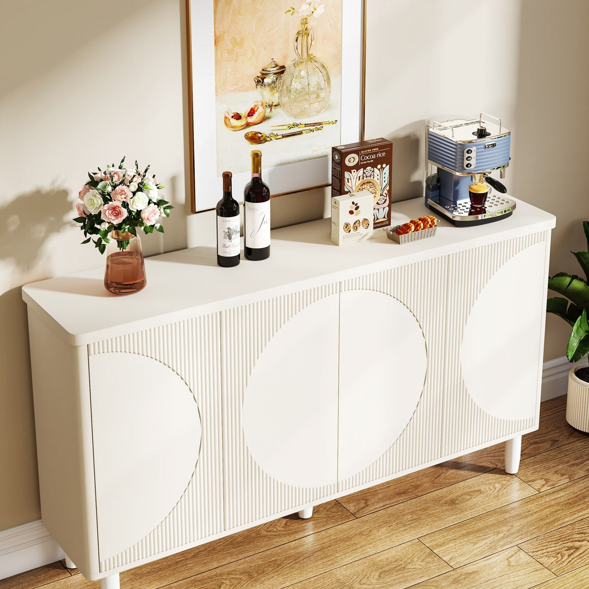 59.4" Sideboard Buffet, White Credenza Storage Cabinet with Doors