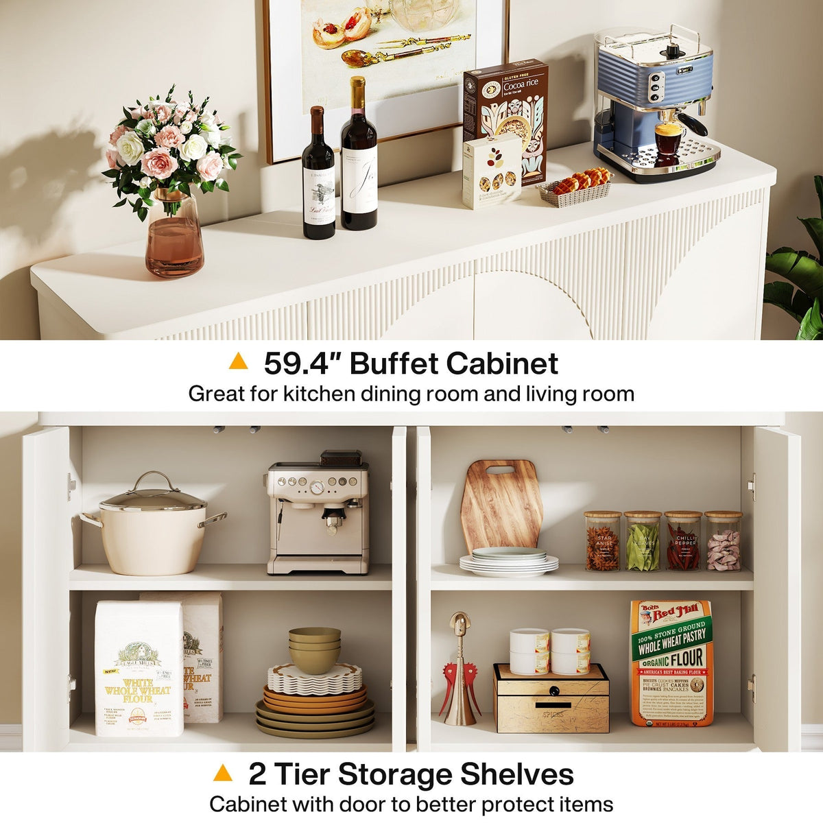 59.4" Sideboard Buffet, White Credenza Storage Cabinet with Doors