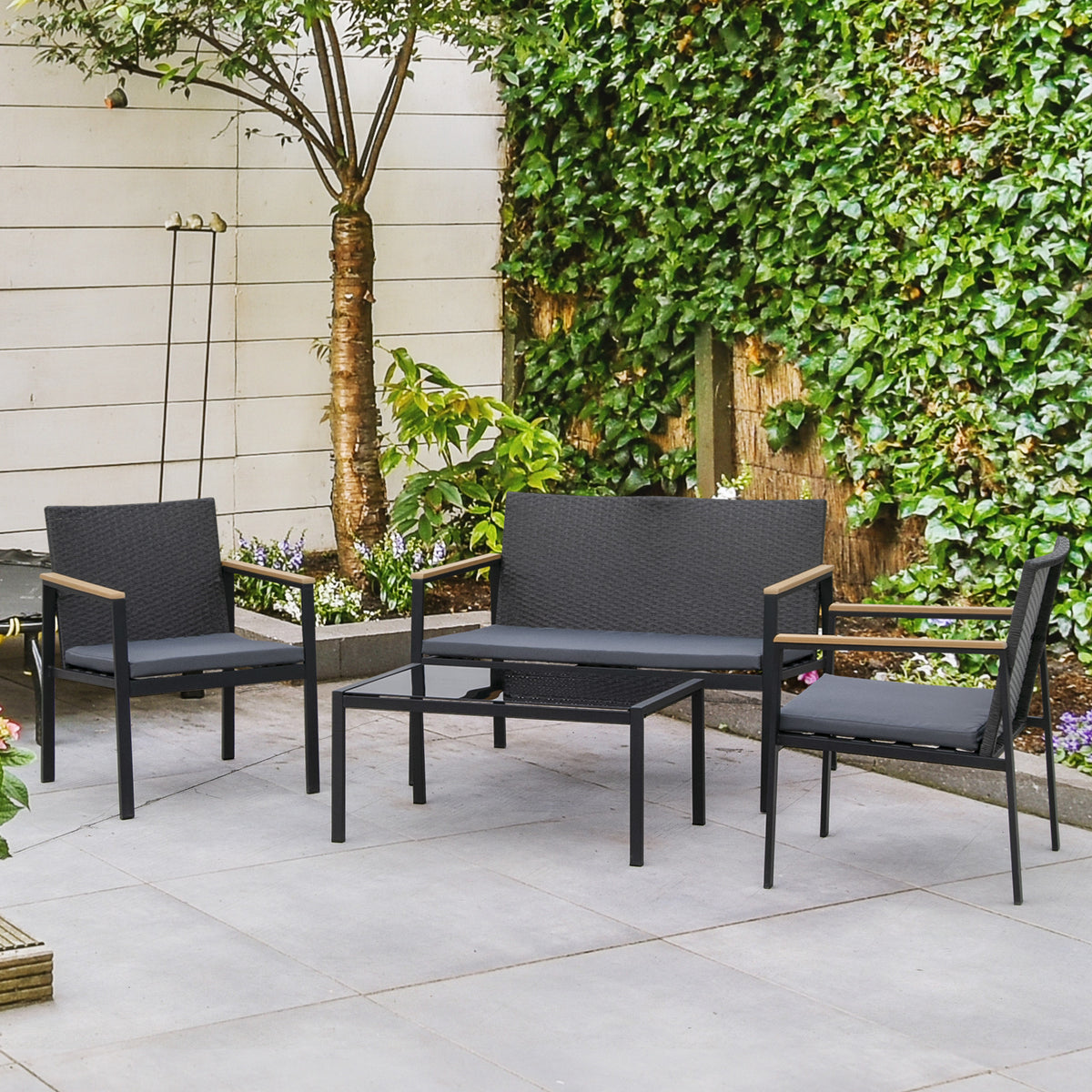 4 Pieces Wicker Patio Furniture Set with Cushions, Outdoor Rattan PE Rattan Conversation Set, Chairs and Loveseat with PS Board Armrests Decoration, Glass Top Table