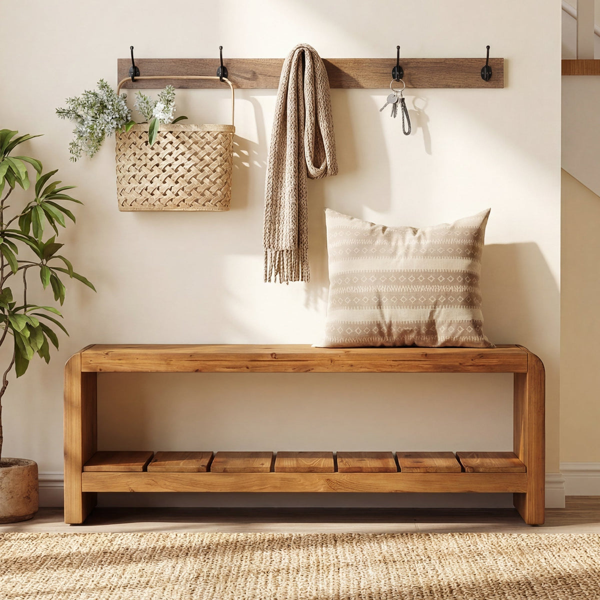 59" Solid Wood Entryway Bench, Farmhouse End of Bed Seating Shoe Bench with Storage