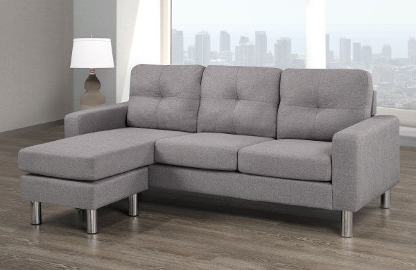 Versatile Light Grey Sectional Sofa with Reversible Chaise, Tufted Cushions, Chrome Legs