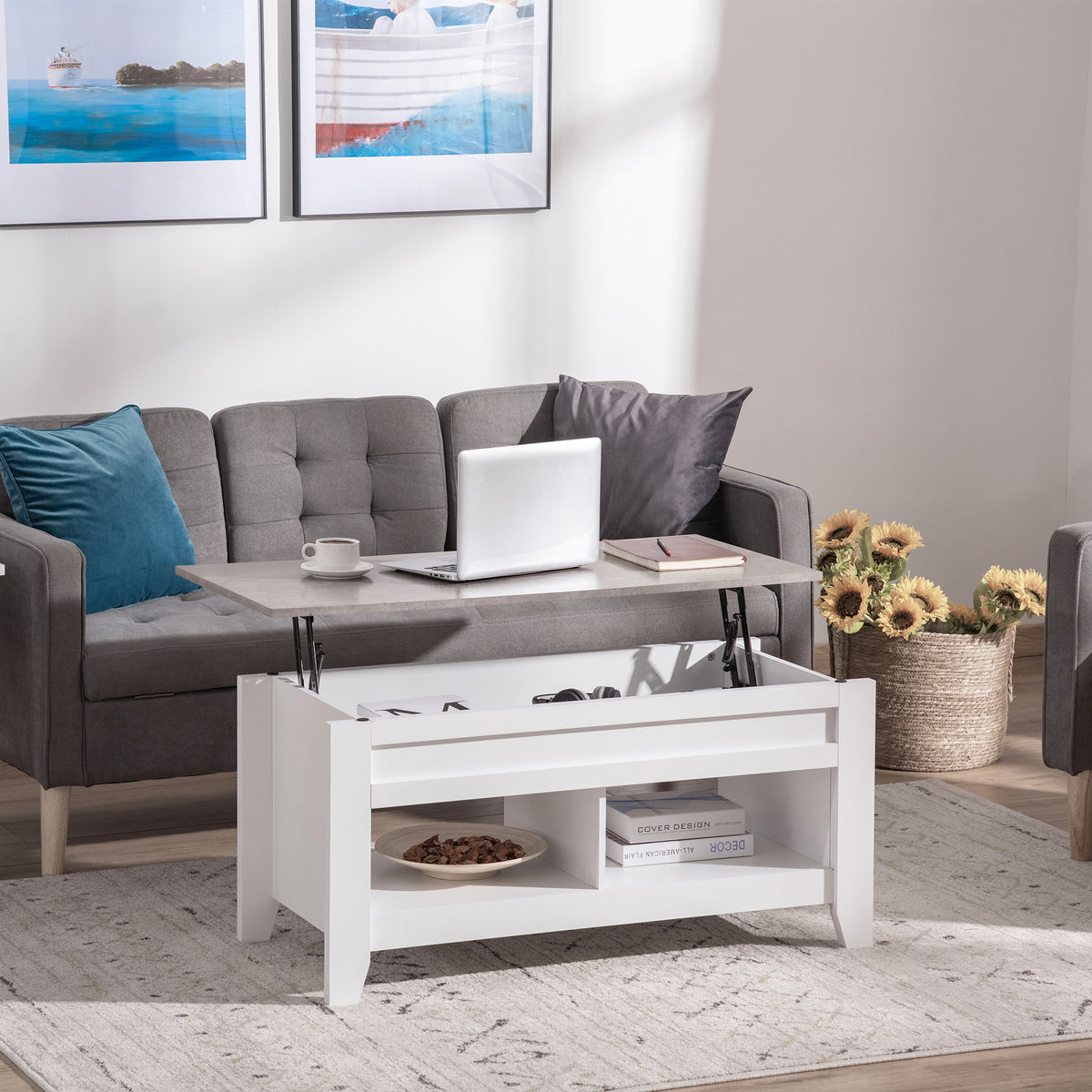 Lift-Top Coffee Table with Hidden Storage and Open Shelves