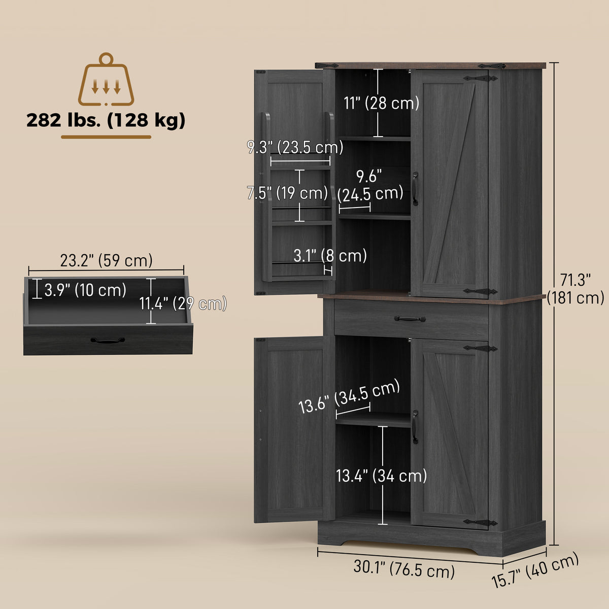 Farmhouse Pantry Cabinet with Barn Doors – 30"W x 71"H