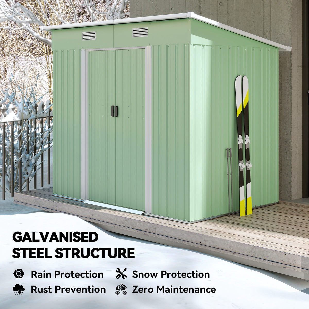 7'x 4' Metal Patio Storage Shed Garden Lockable Shed Tool Utility Storage Unit – 81.5" L x 51.2" W x 71.7" H – Light Green