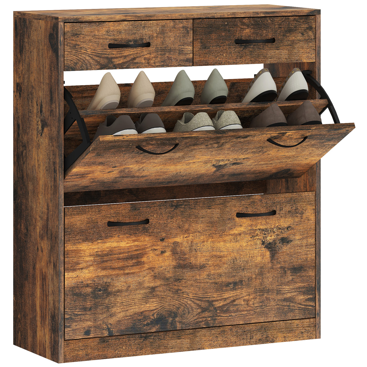 Narrow Shoe Storage with 2 Flip Drawers and Adjustable Shelves – 32"W x 36"H
