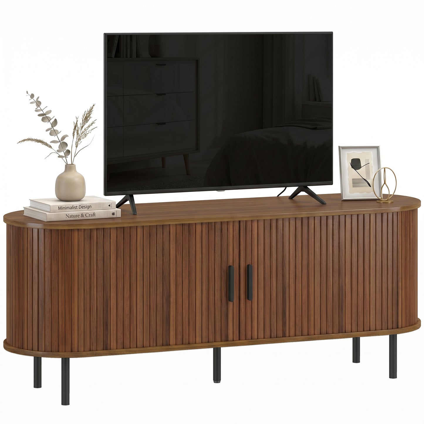 HOMCOM TV Stand Curved Sliding Doors Walnut Brown 60"