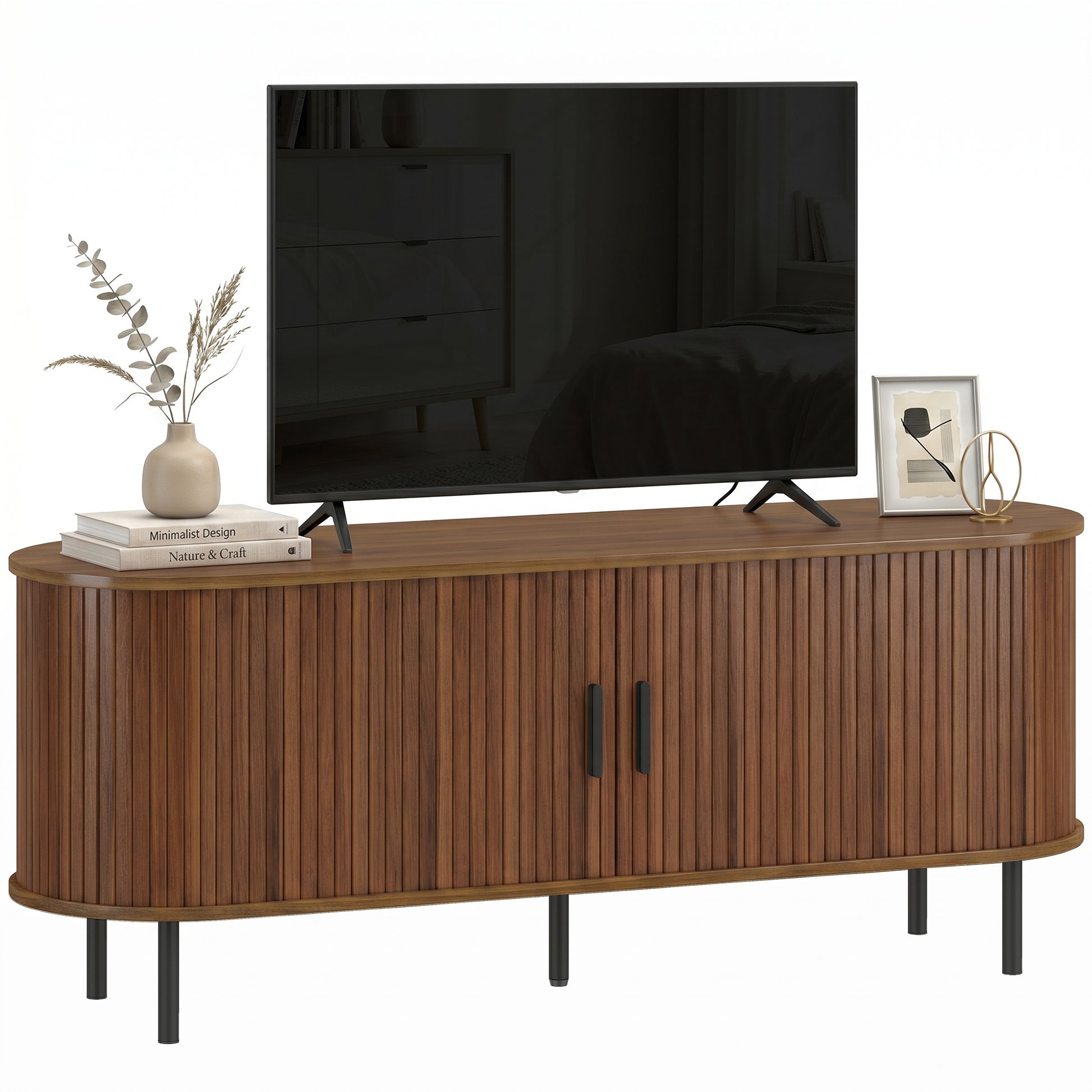HOMCOM TV Stand Curved Sliding Doors Walnut Brown 60"