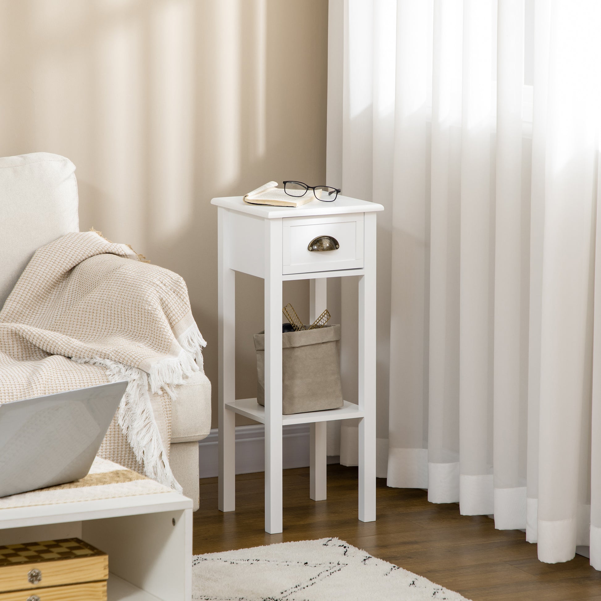 HOMCOM 2-Tier Narrow Tall End Table Set with Drawer & Shelf, White Nightstand