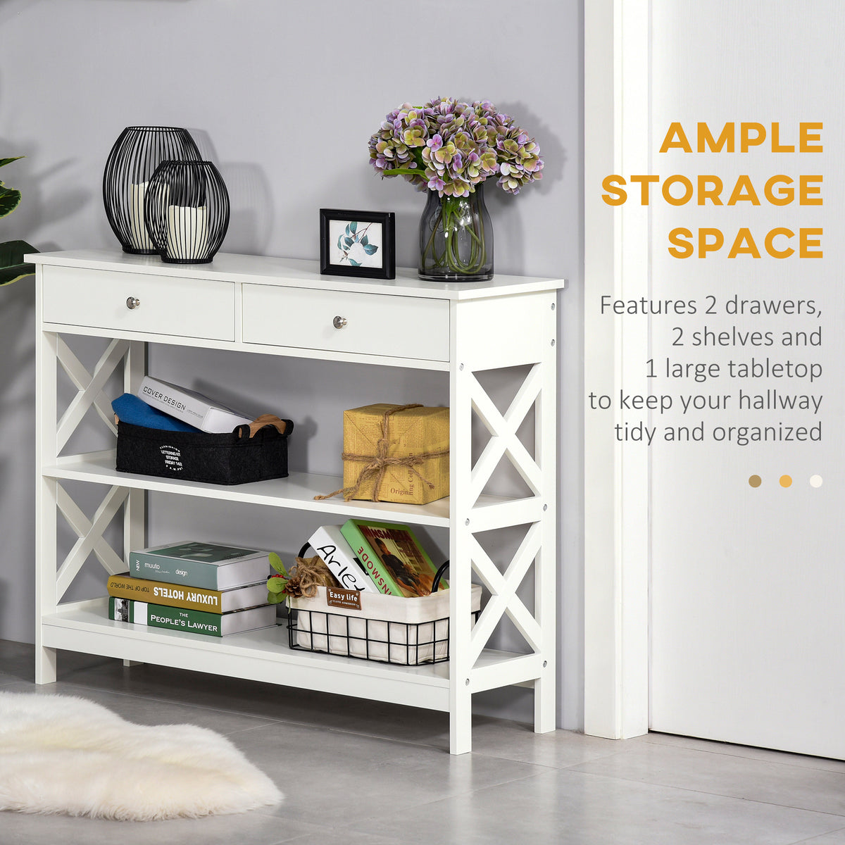39" Console Table with Drawers, White
