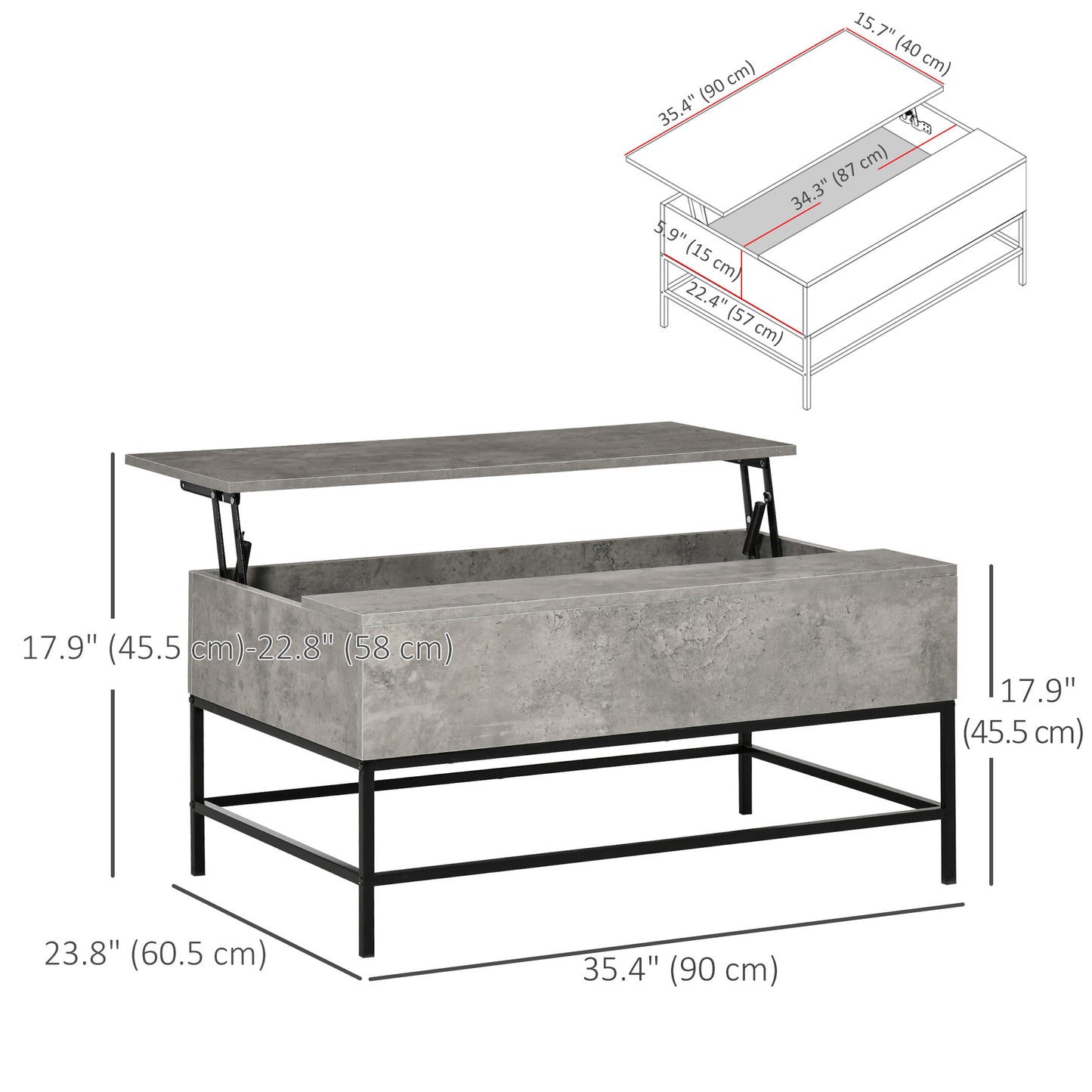 Modern Grey Lift Top Coffee Table with Hidden Storage, Adjustable Height, Faux Marble Finish