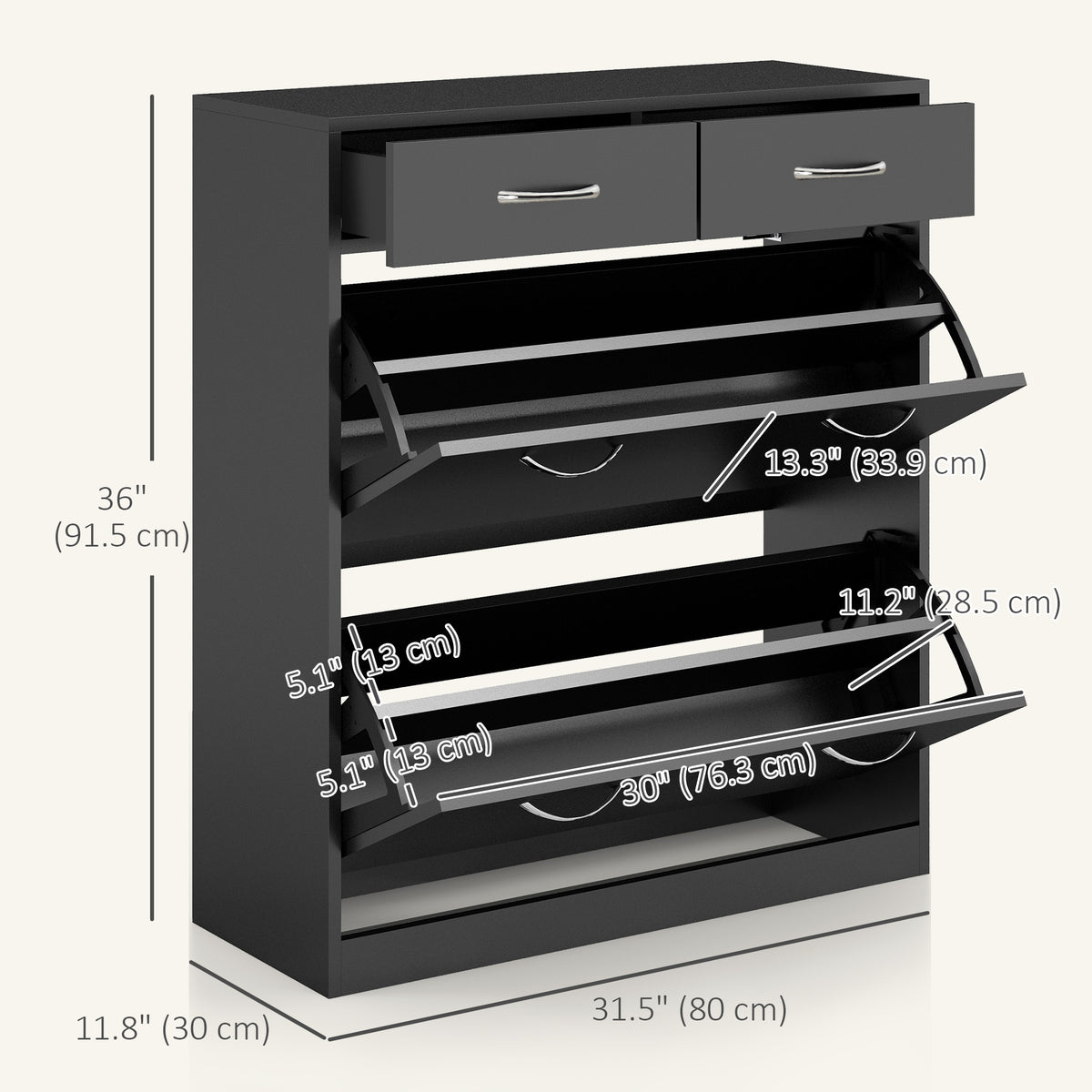 Narrow Shoe Storage with 2 Flip Drawers and Adjustable Shelves – 32"W x 36"H