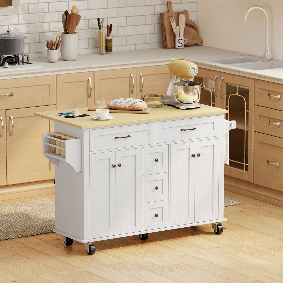 Kitchen Island Cart with Power Outlet & Drop Leaf – 55"W x 35"H