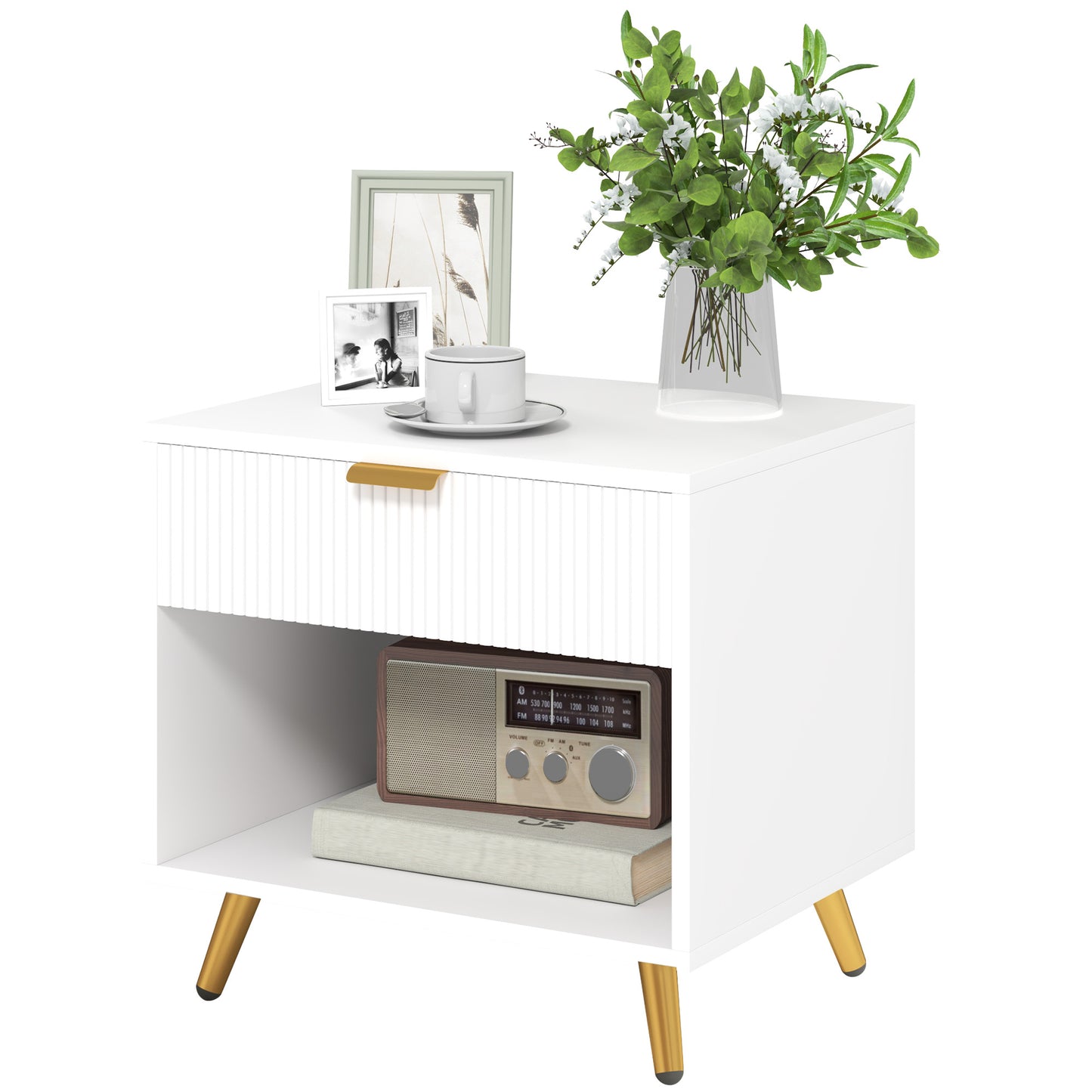 Modern White Fluted Panel Nightstand with Drawer, Open Storage, Gold Legs