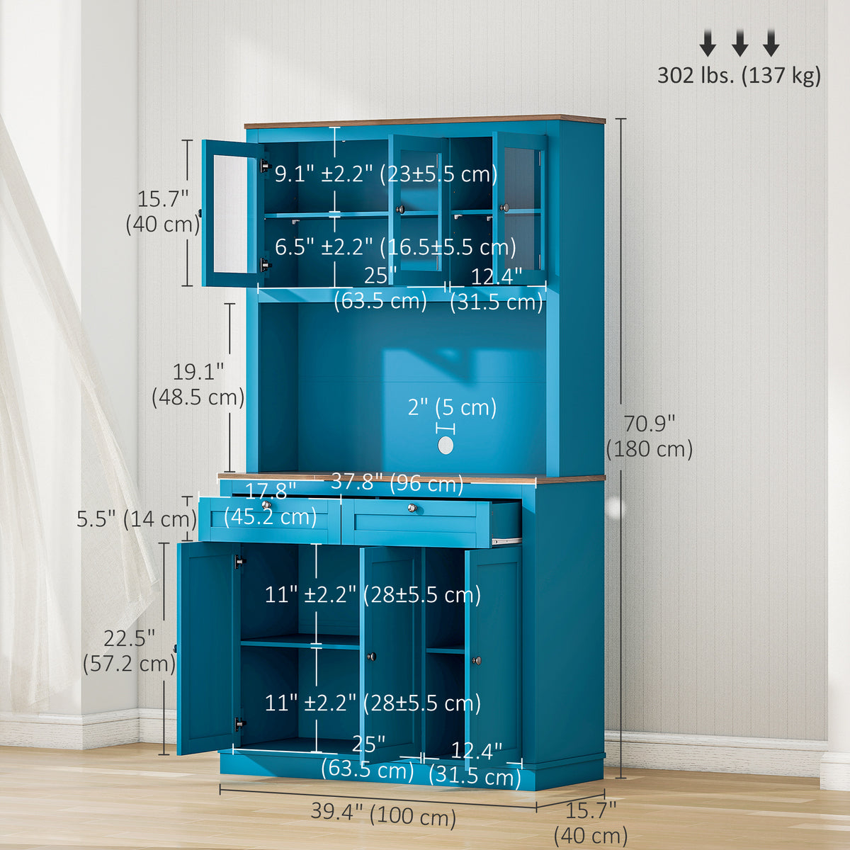 Pantry Cabinet with Microwave Space – 39"W x 71"H, Dark Blue