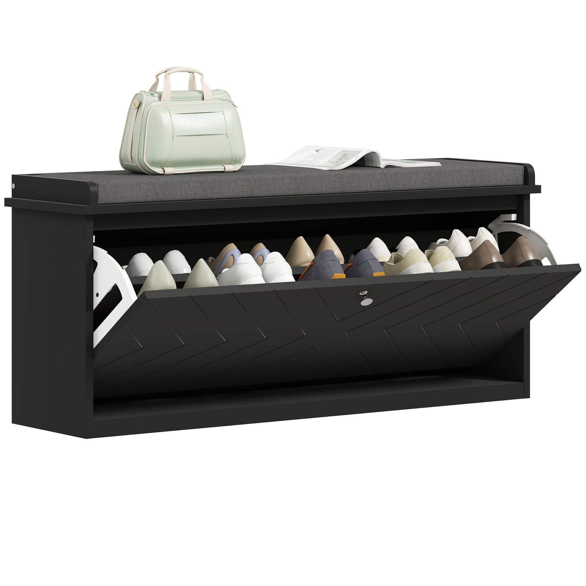 HOMCOM Upholstered Hallway Shoe Bench with Flip Drawer, Adjustable Storage Shelf