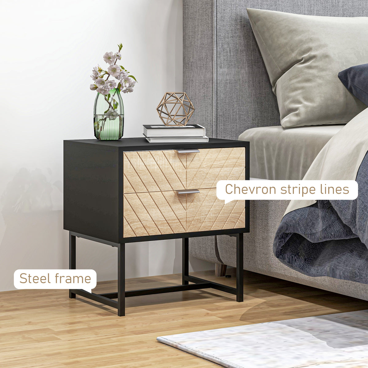 2-Drawer Nightstand with Steel Frame – 18"W x 19"H