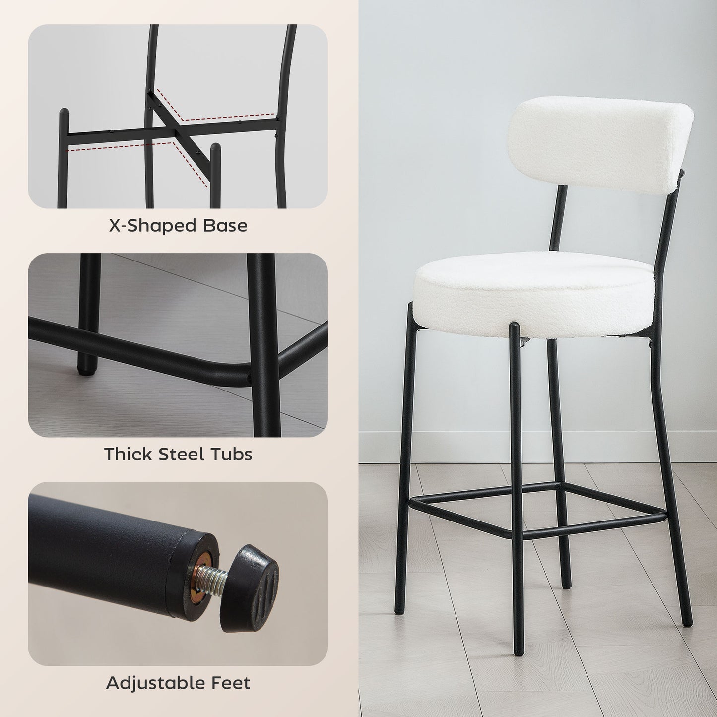 HOMCOM Set of 2 Barstools, Upholstered Bar Stools with Backrest, Footrest for Kitchen Island, Dining Room, Cream White