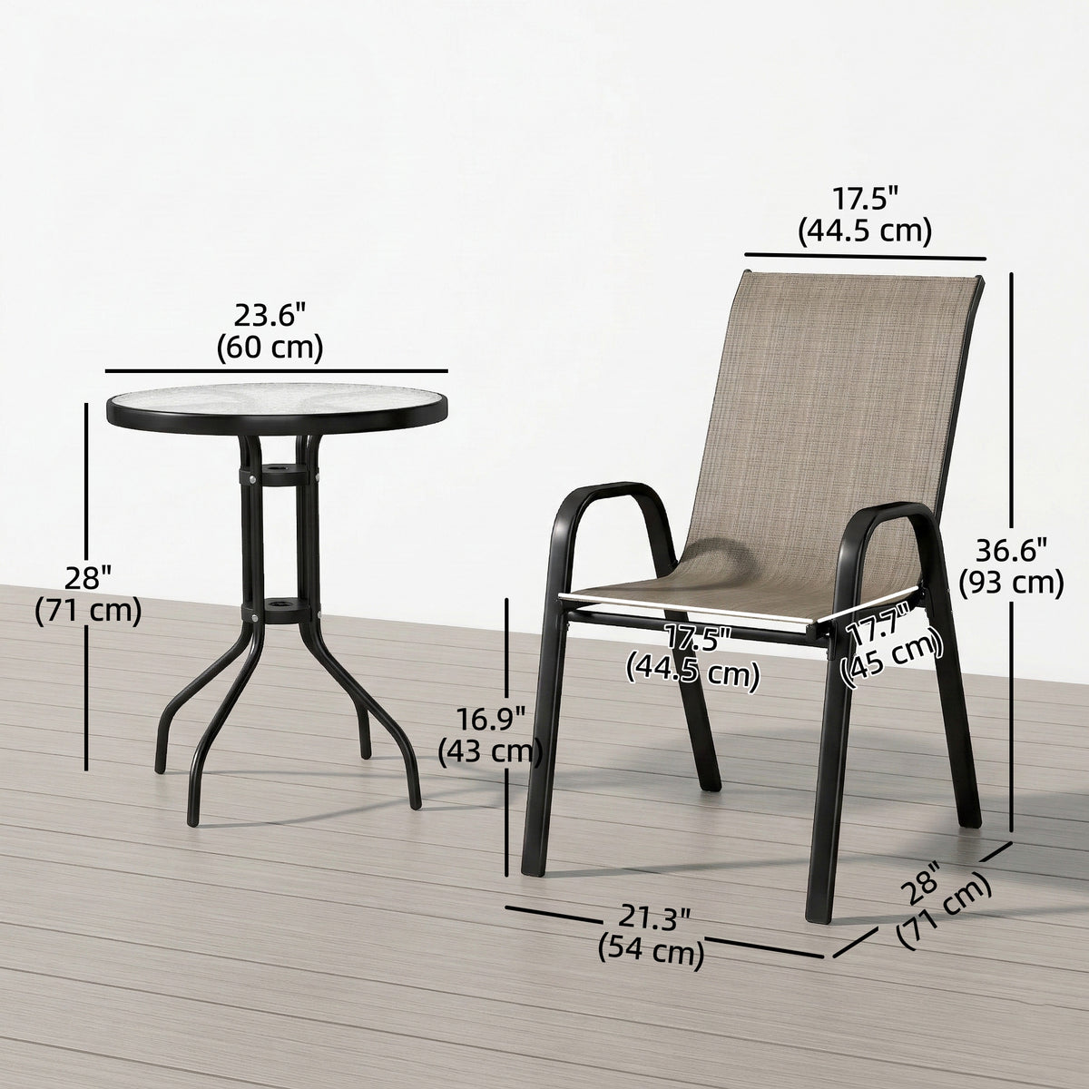 3 Pieces Bistro Set, Small Patio Furniture Set with Stackable Mesh Chairs, Glass Table for Garden, Balcony – Mixed Brown