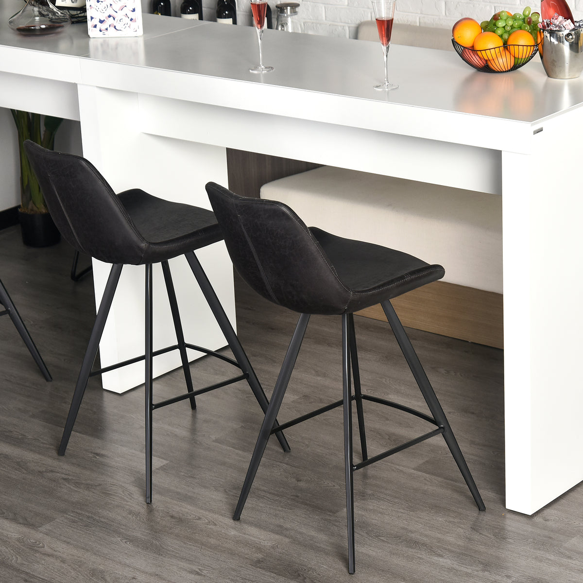 Argyle Microfiber Bar Stools with Metal Legs, Set of 2, Black