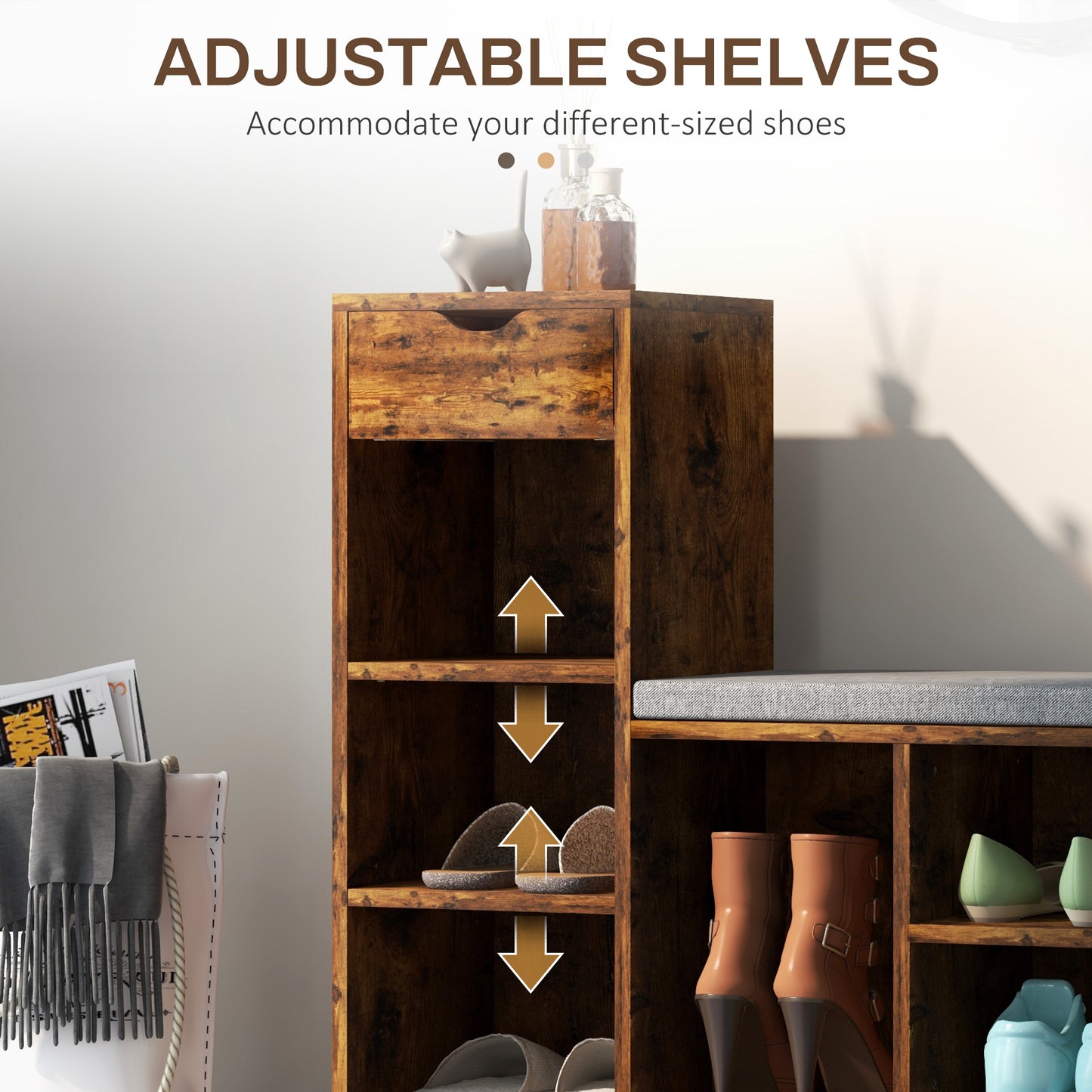 HOMCOM Rustic Brown Upholstered Shoe Storage Bench with Drawer & 6 Shelves