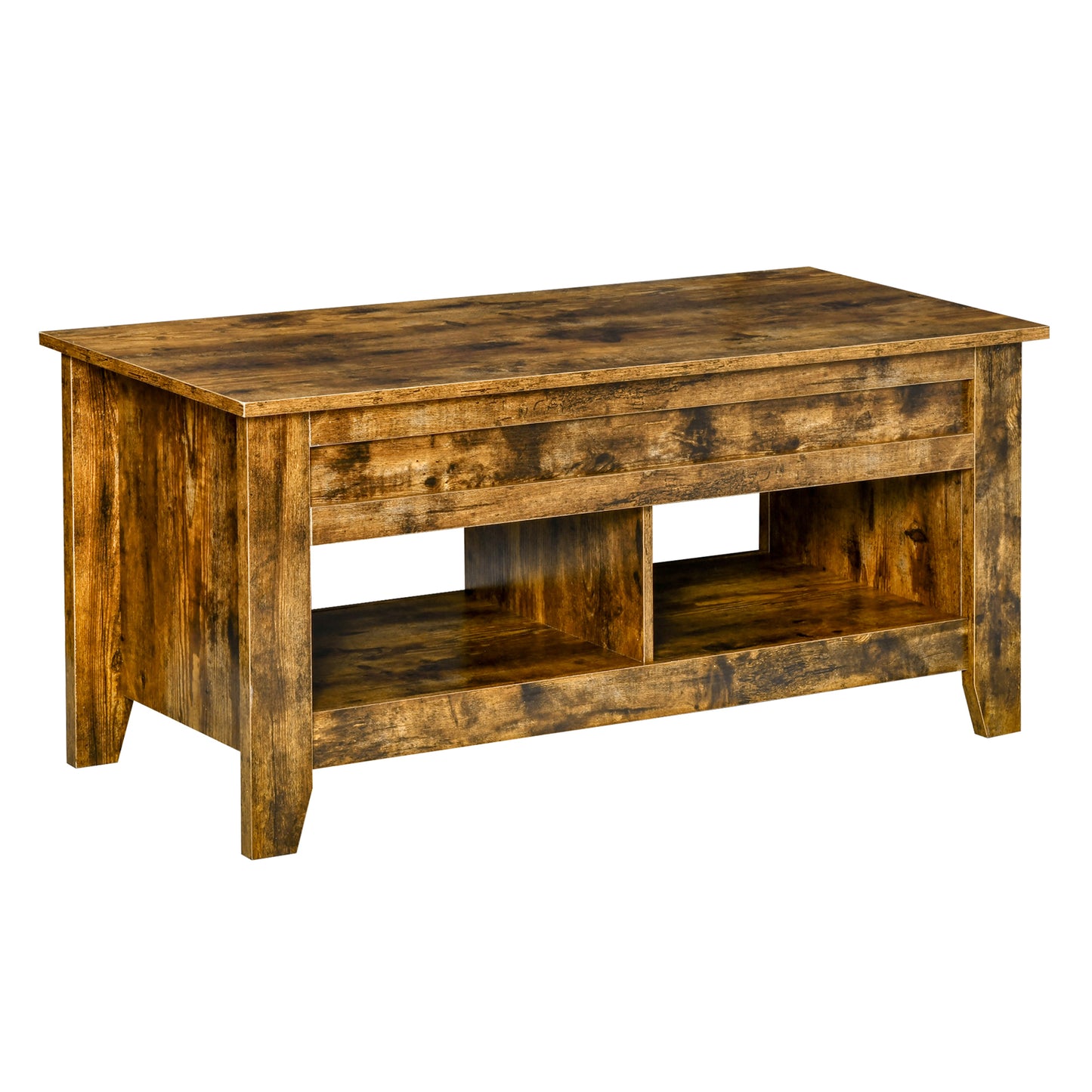 Modern Lift-Top Coffee Table with Hidden Storage & Open Shelves, Rustic Brown