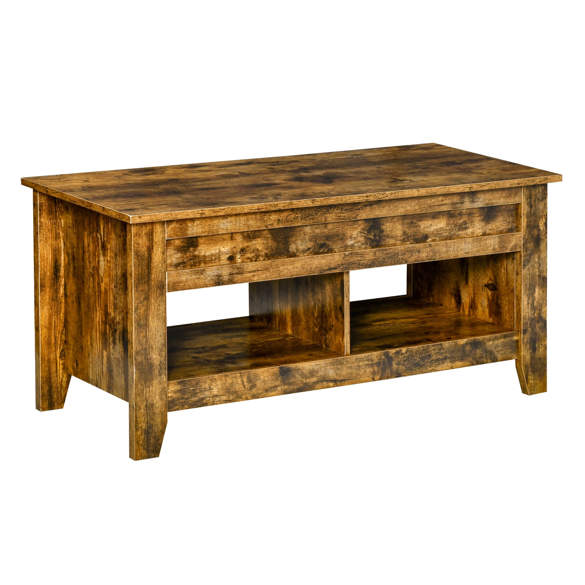 Modern Lift-Top Coffee Table with Hidden Storage & Open Shelves, Rustic Brown