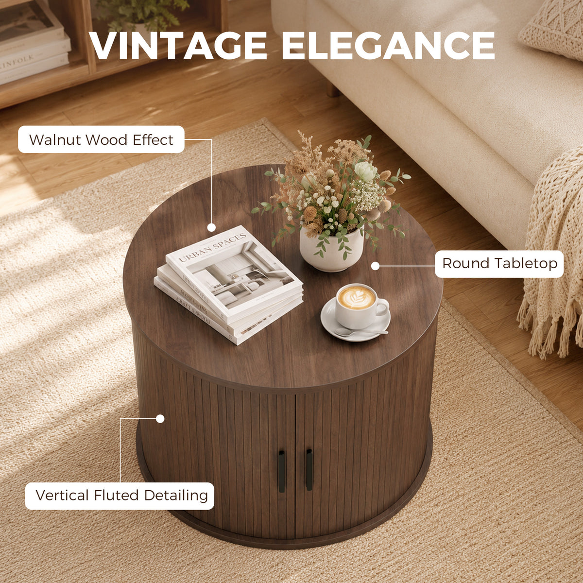 Round Fluted Lift-Top Coffee Table with Tambour Door Storage, Walnut