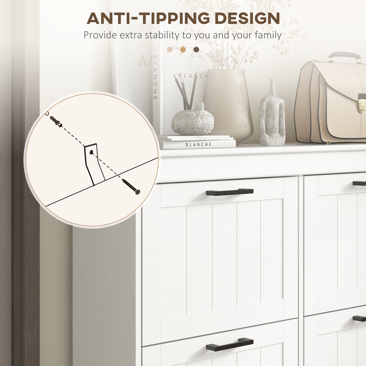 HOMCOM White Narrow Shoe Cabinet with 4 Flip Drawers and Adjustable Shelves