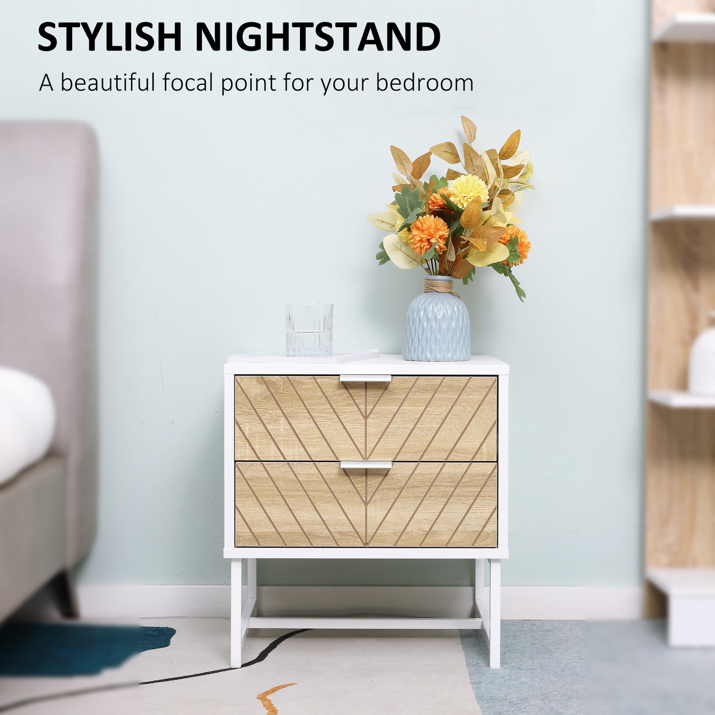 Modern White Oak Bedside Table with 2 Drawers, Steel Frame, 45cm Wide Nightstand