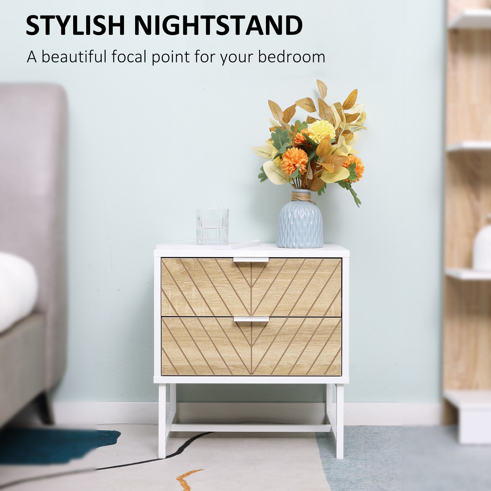 Modern White Oak Bedside Table with 2 Drawers, Steel Frame, 45cm Wide Nightstand