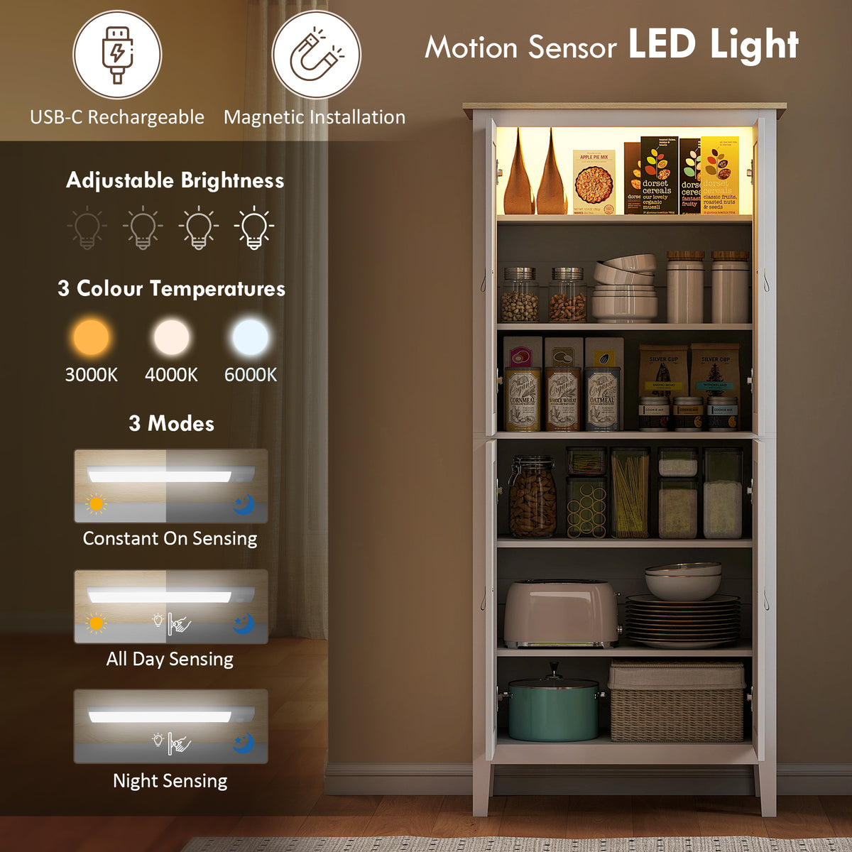 Tall Kitchen Pantry Storage Cabinet with Motion Sensor LED Light – 32"W x 70"H