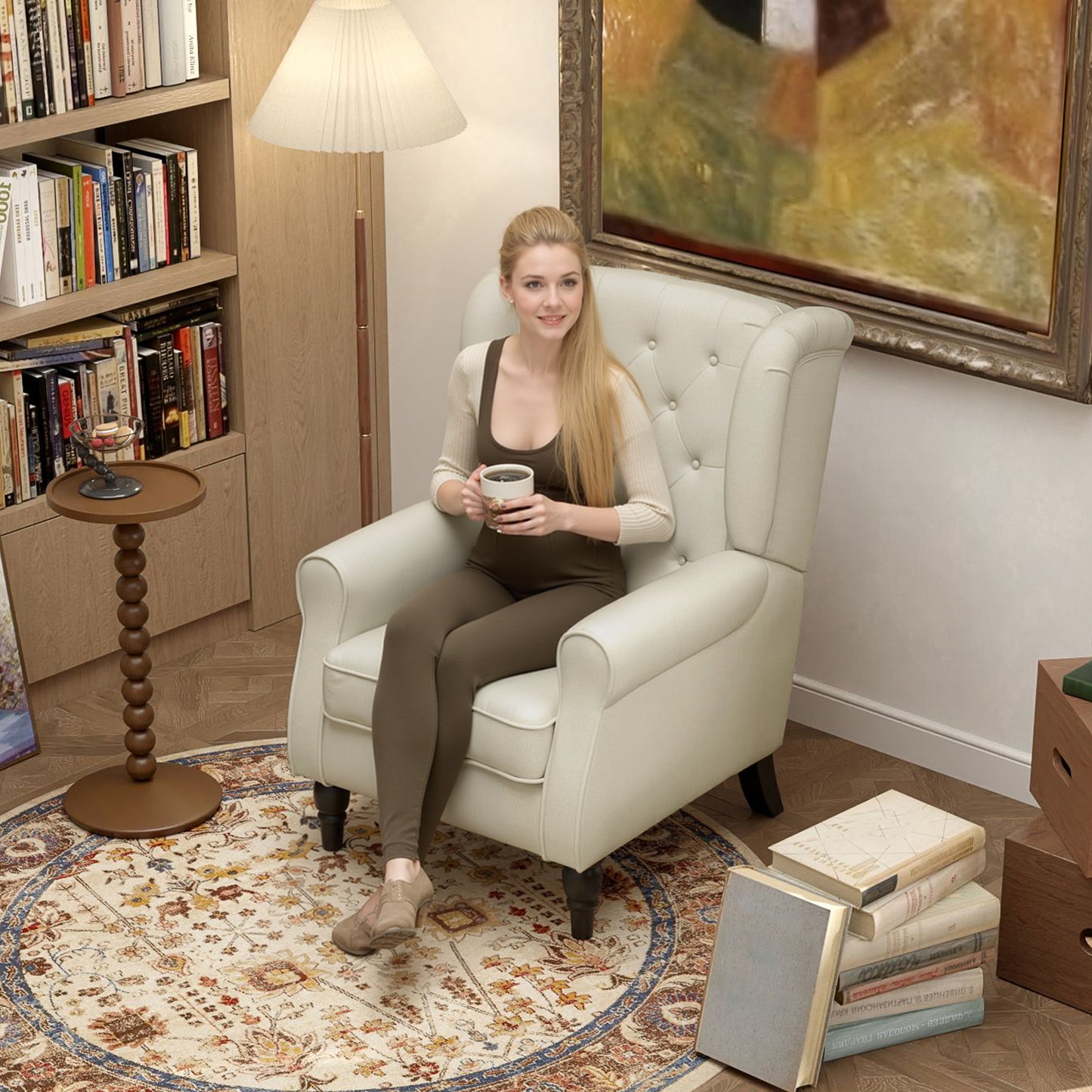 Elegant Cream White Tufted Wingback Accent Chair with Padded Armrests