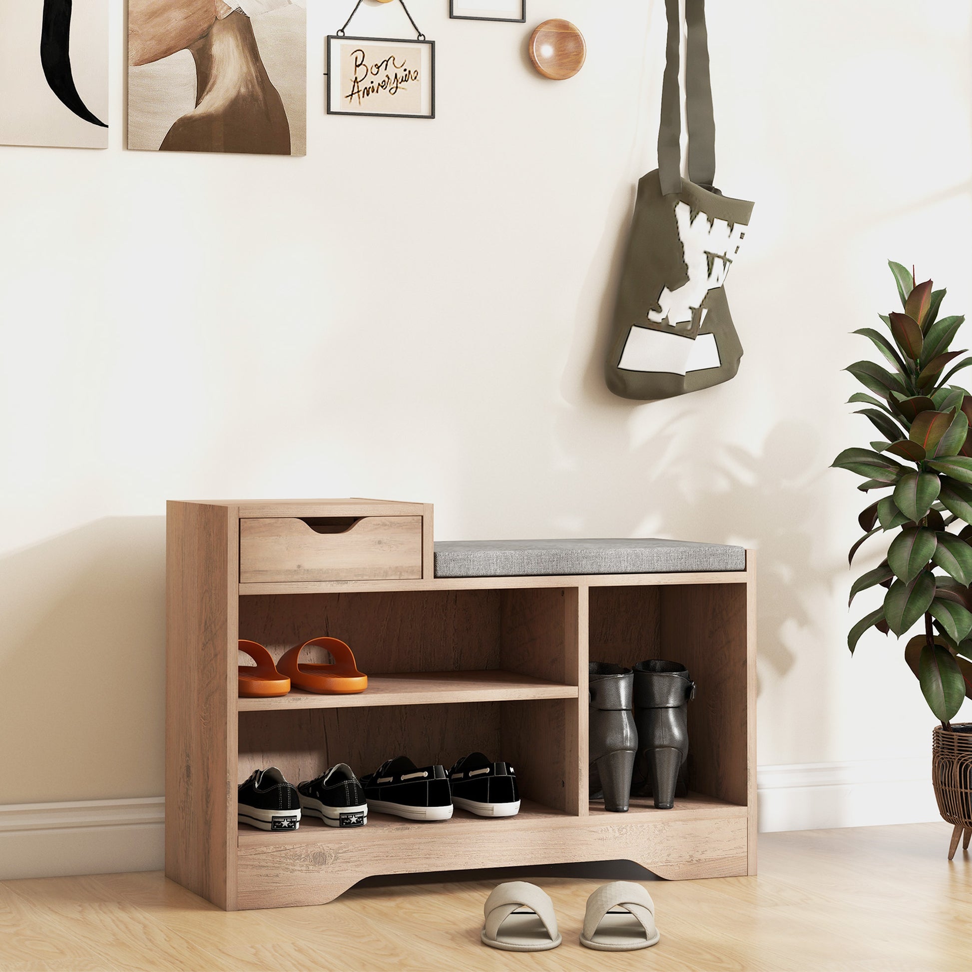 HOMCOM Grey Upholstered Entryway Shoe Storage Bench with Padded Seat and Shelves