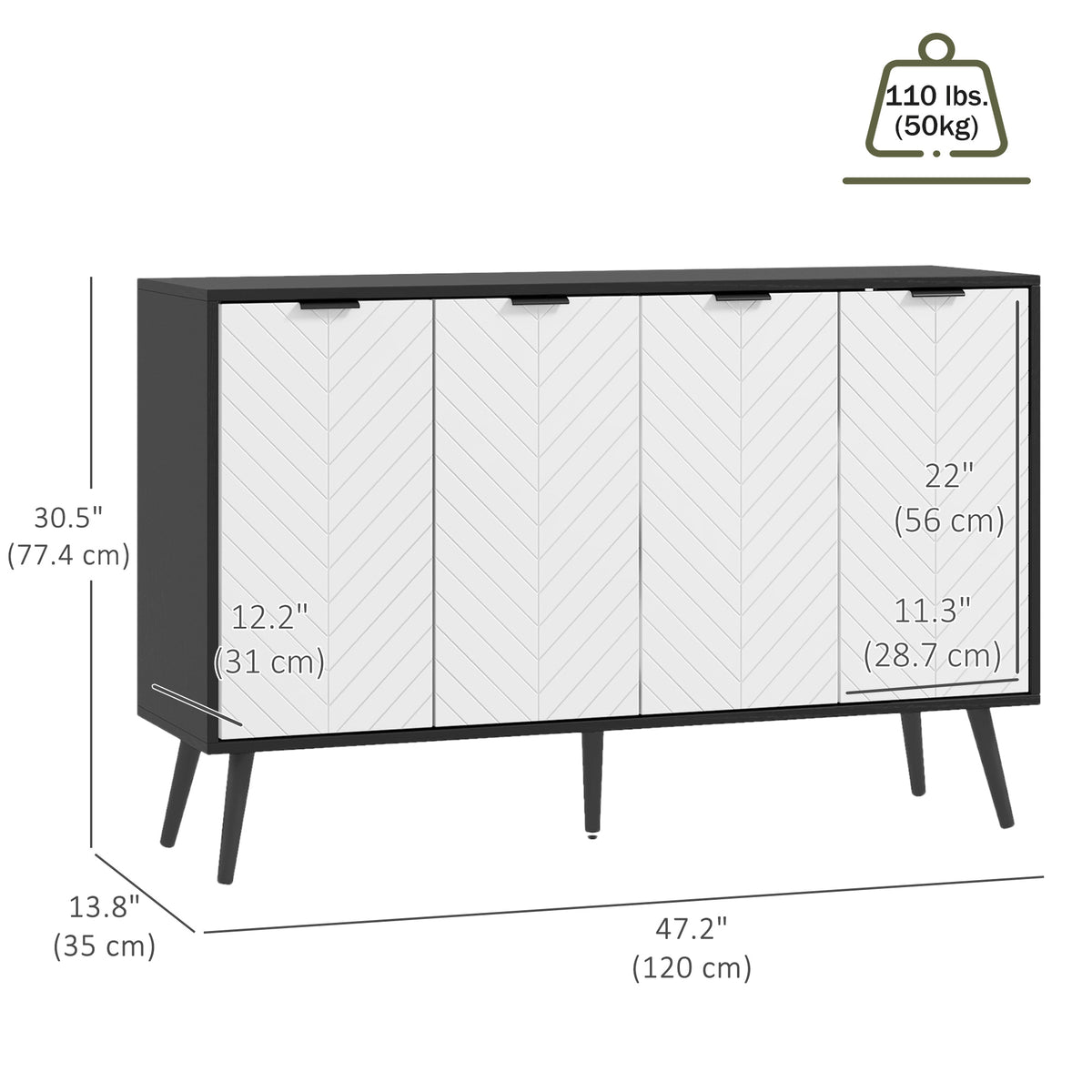 Modern Sideboard and Buffet with Adjustable Shelves and 4 Doors – 47"W x 31"H